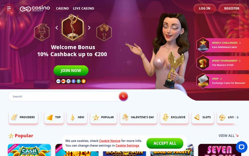 Casino Infinity showing 300% welcome bonus and game selection