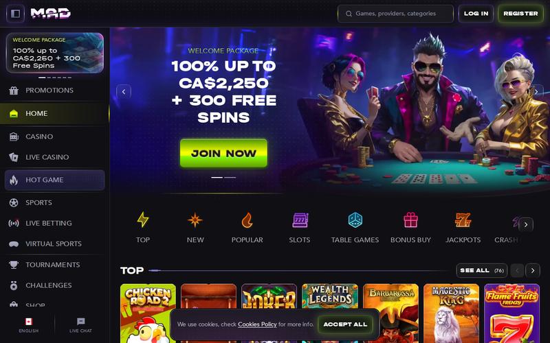 Madcasino interface showing 7,000+ games and welcome bonus