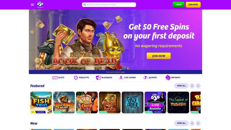 PlayOjo Casino interface showing no wagering bonuses and OJOplus cashback