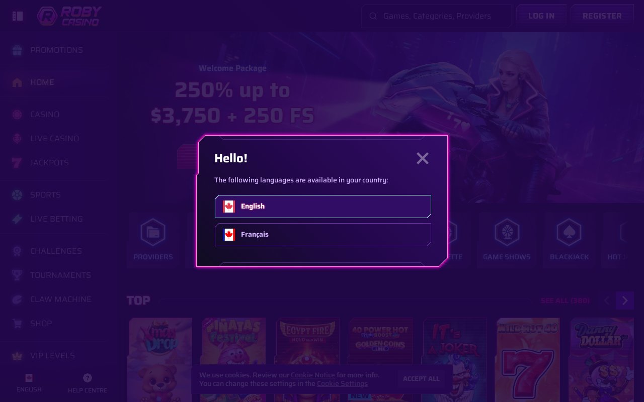 Roby Casino modern interface and welcome bonus offer