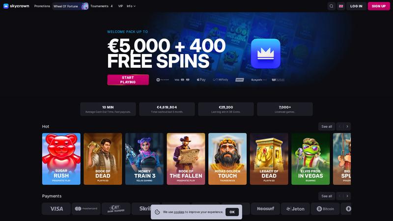 Skycrown Casino showing fast payout times and welcome bonus
