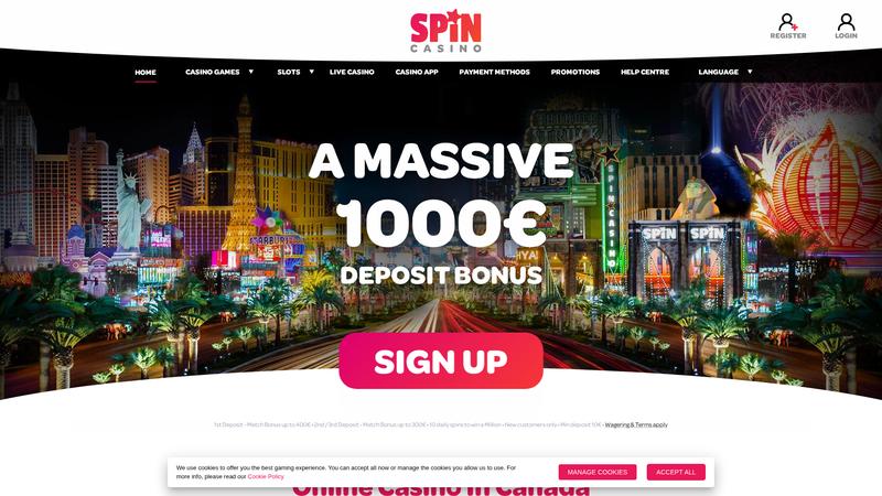 Spin Casino interface showing their progressive slots and welcome bonus