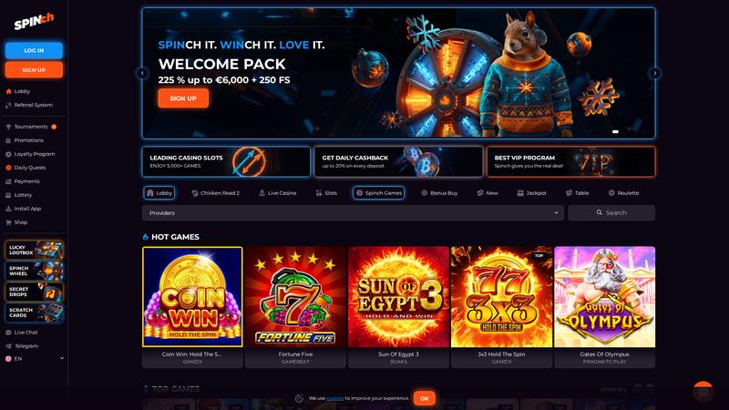Spinch Casino showing slot tournaments and leaderboards