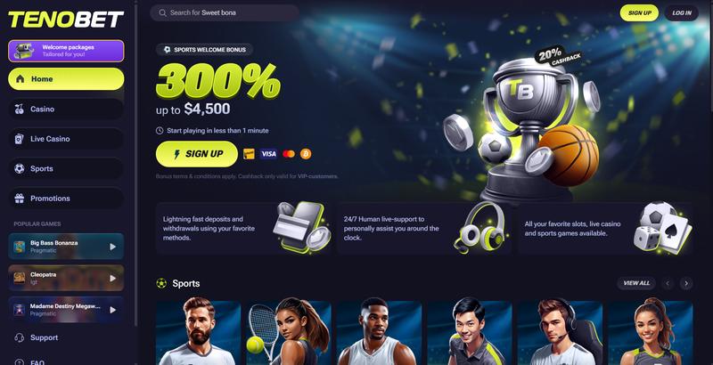 Tenobet showing sports betting and casino sections with shared wallet